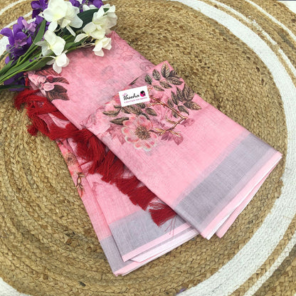 Floral Linen Cotton Saree - Pink Shade