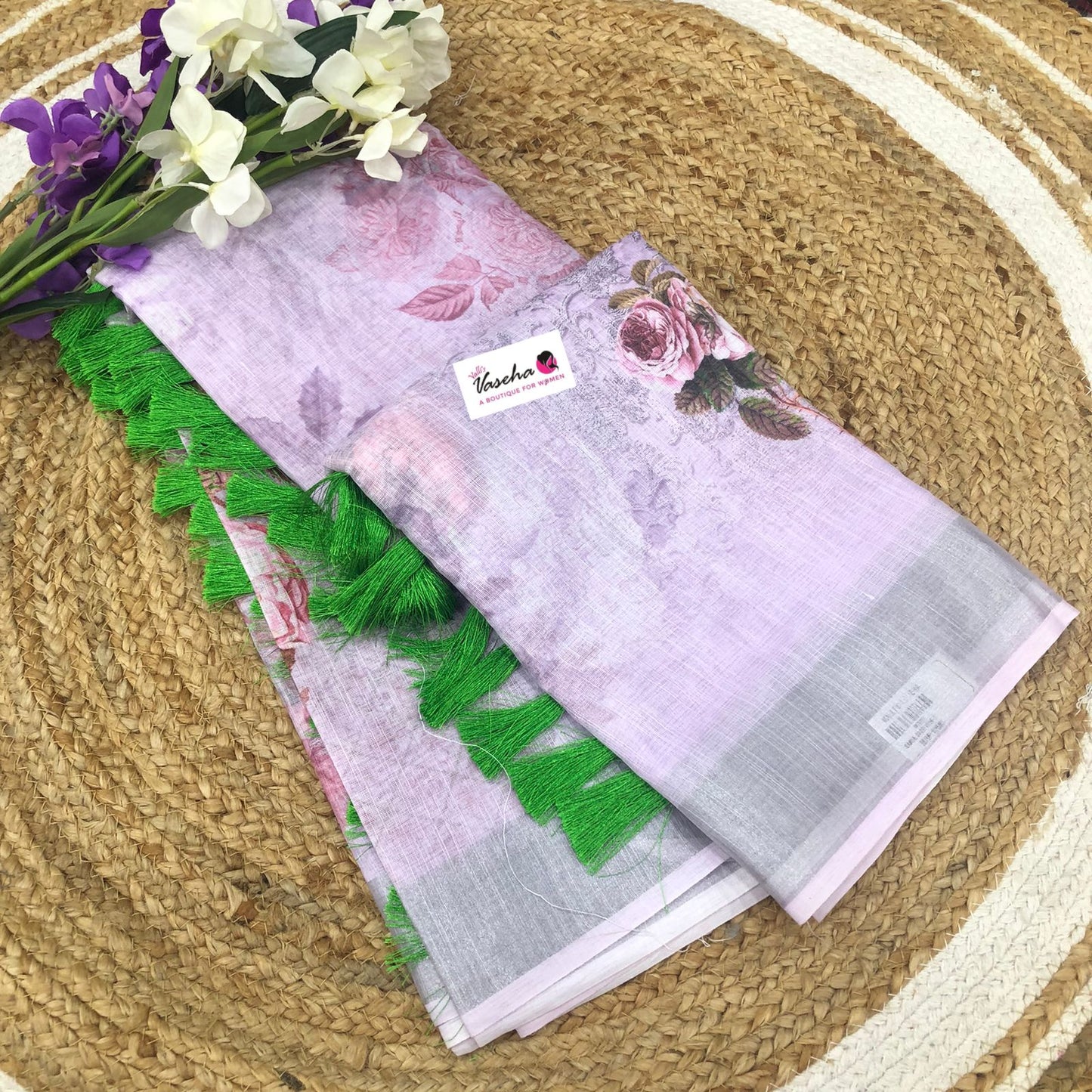 Floral Linen Cotton Saree - Light Lavender Shade