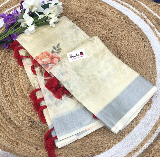 Floral Linen Cotton Saree - Light Yellow Shade