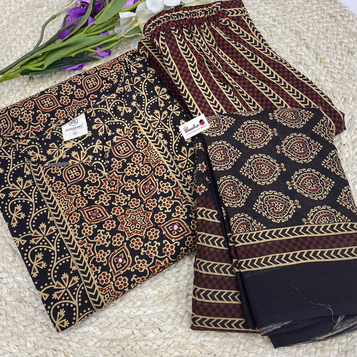 Ready Made - 3pc Set -Ajrakh Print - 107732