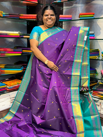 Dark Purple with Teal Bluish Green Combo - Pure Kanchipuram Silk Saree - VVPS002