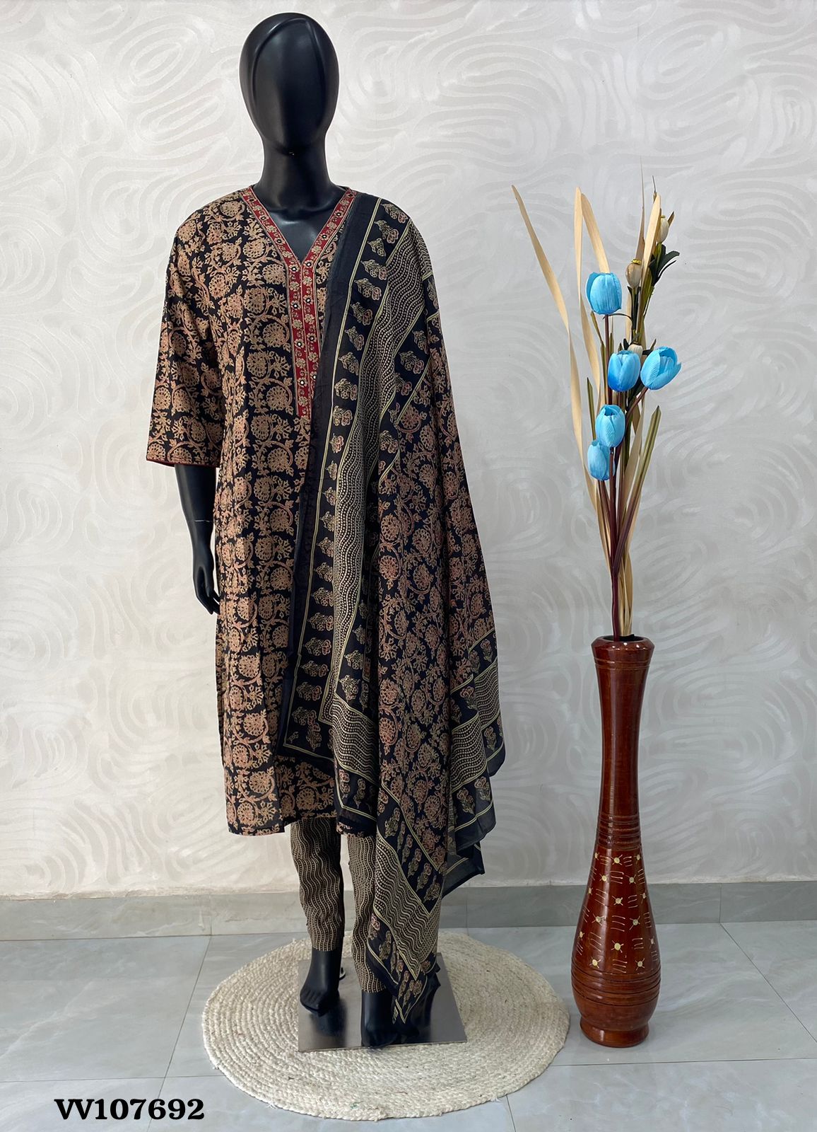 Ready Made - 3pc Set -Ajrakh Print - 107692