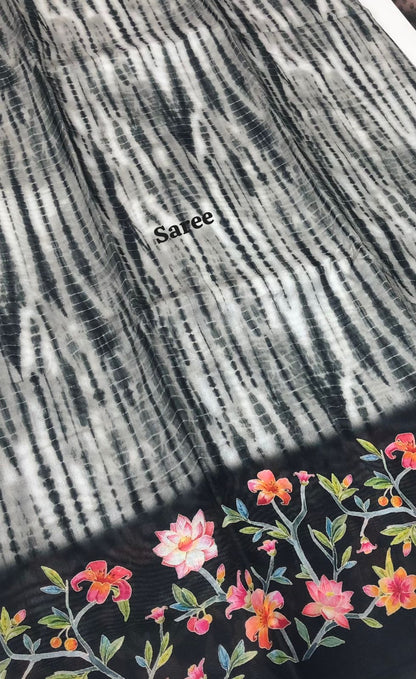 Shibori Semi Chanderi Mixed Cotton Sarees - Greyish Black Shade - VVSC01