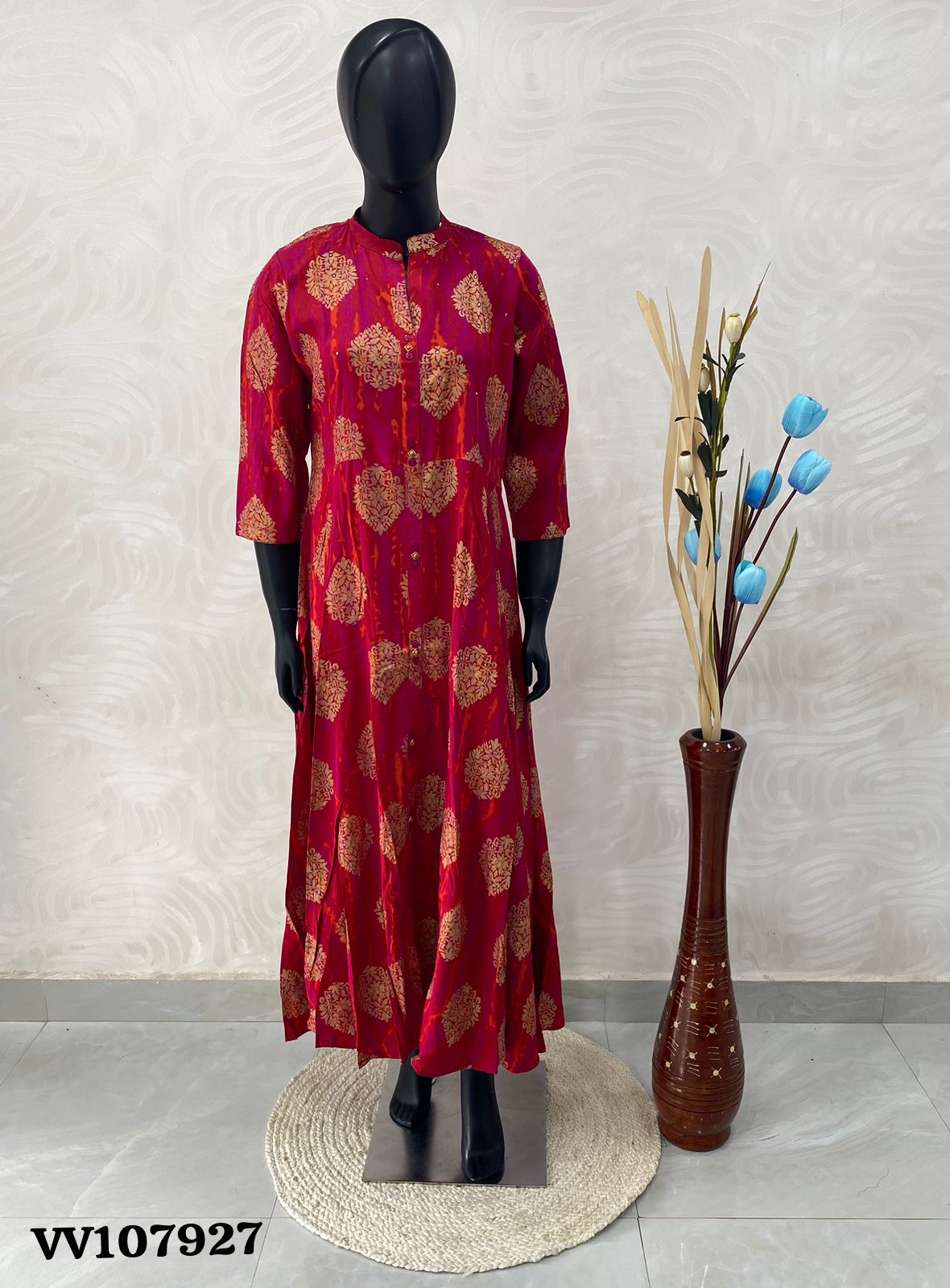 Ready Made - Long Floor Length Kurti - Rani Pink & Reddish Orange Shade - VV107927, VV108206, VV108207