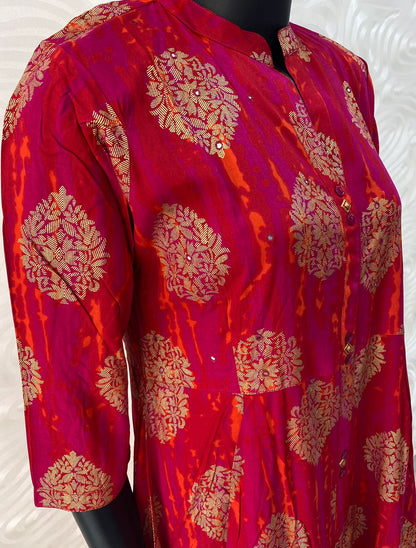 Ready Made - Long Floor Length Kurti - Rani Pink & Reddish Orange Shade - VV107927, VV108206, VV108207