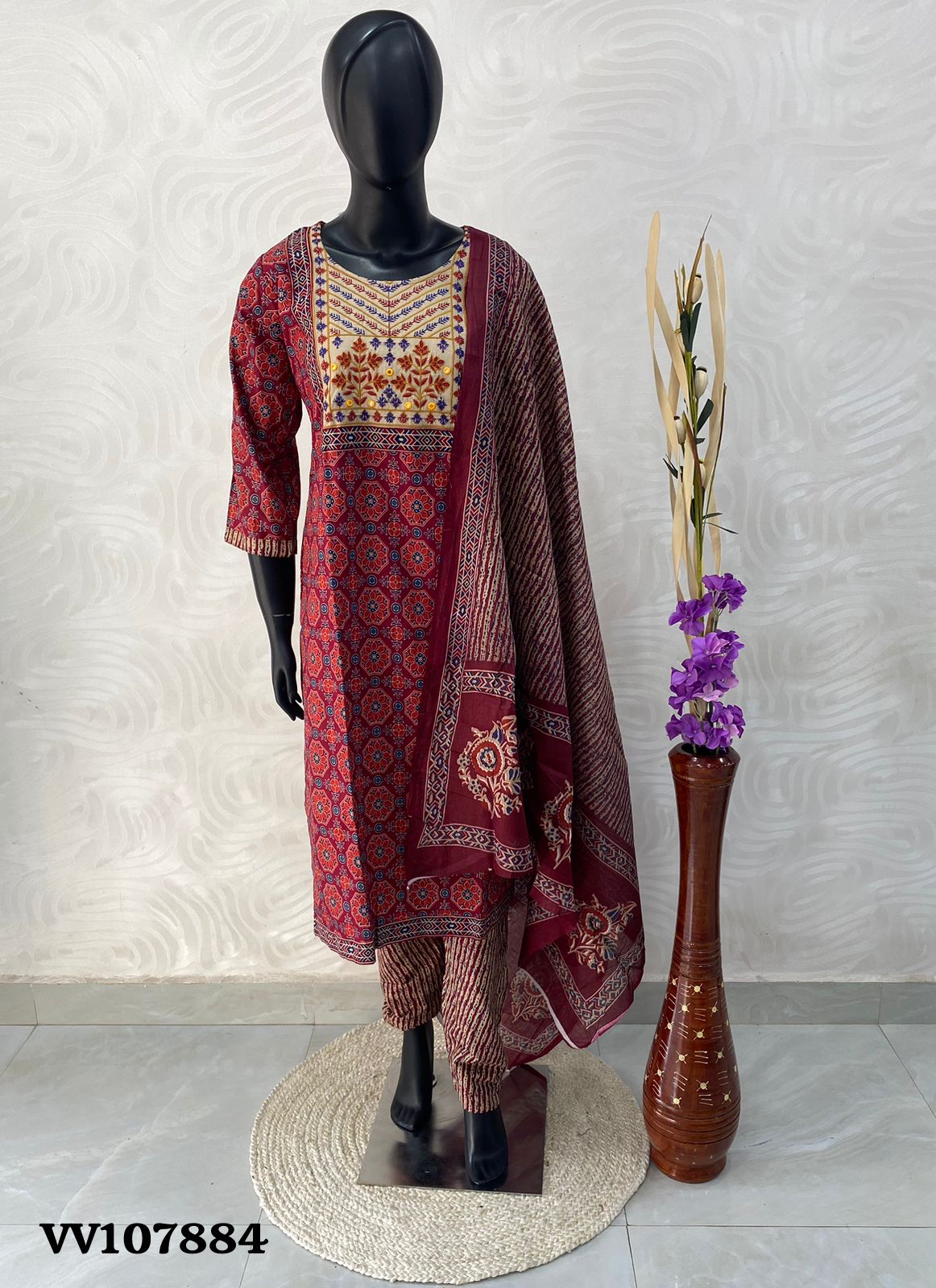 Ready Made - Salwar, Kameez & Duppatta(3pc) -Ajrakh Print - VV107884