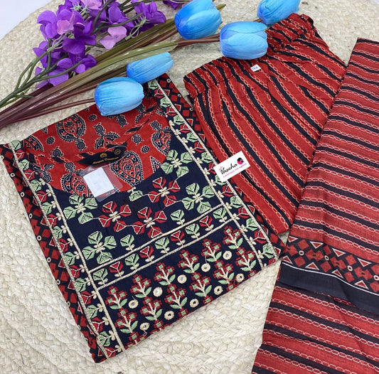 Ready Made - Salwar, Kameez & Duppatta(3pc) -Ajrakh Print - VV107884