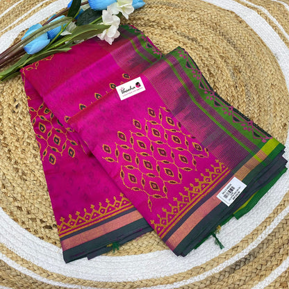 Pure Printed Silk Cotton Sarees - Pink with Green - VVPSC001