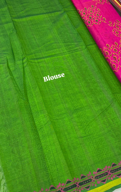 Pure Printed Silk Cotton Sarees - Pink with Green - VVPSC001