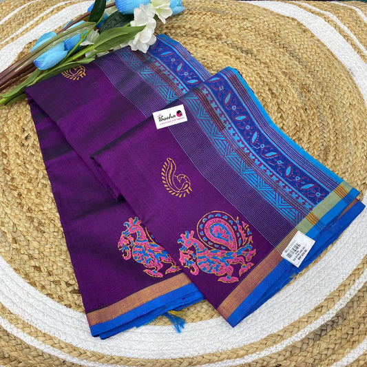 Pure Printed Silk Cotton Sarees - Purple with Blue - VVPSC001