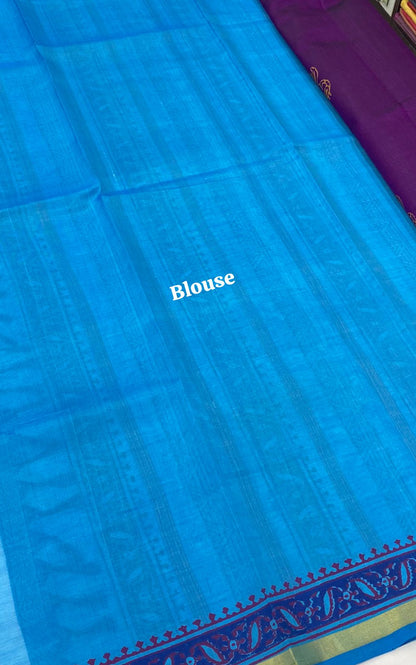 Pure Printed Silk Cotton Sarees - Purple with Blue - VVPSC001