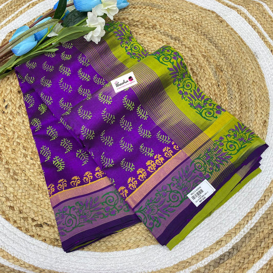 Pure Printed Silk Cotton Sarees - Purple with Green - VVPSC001