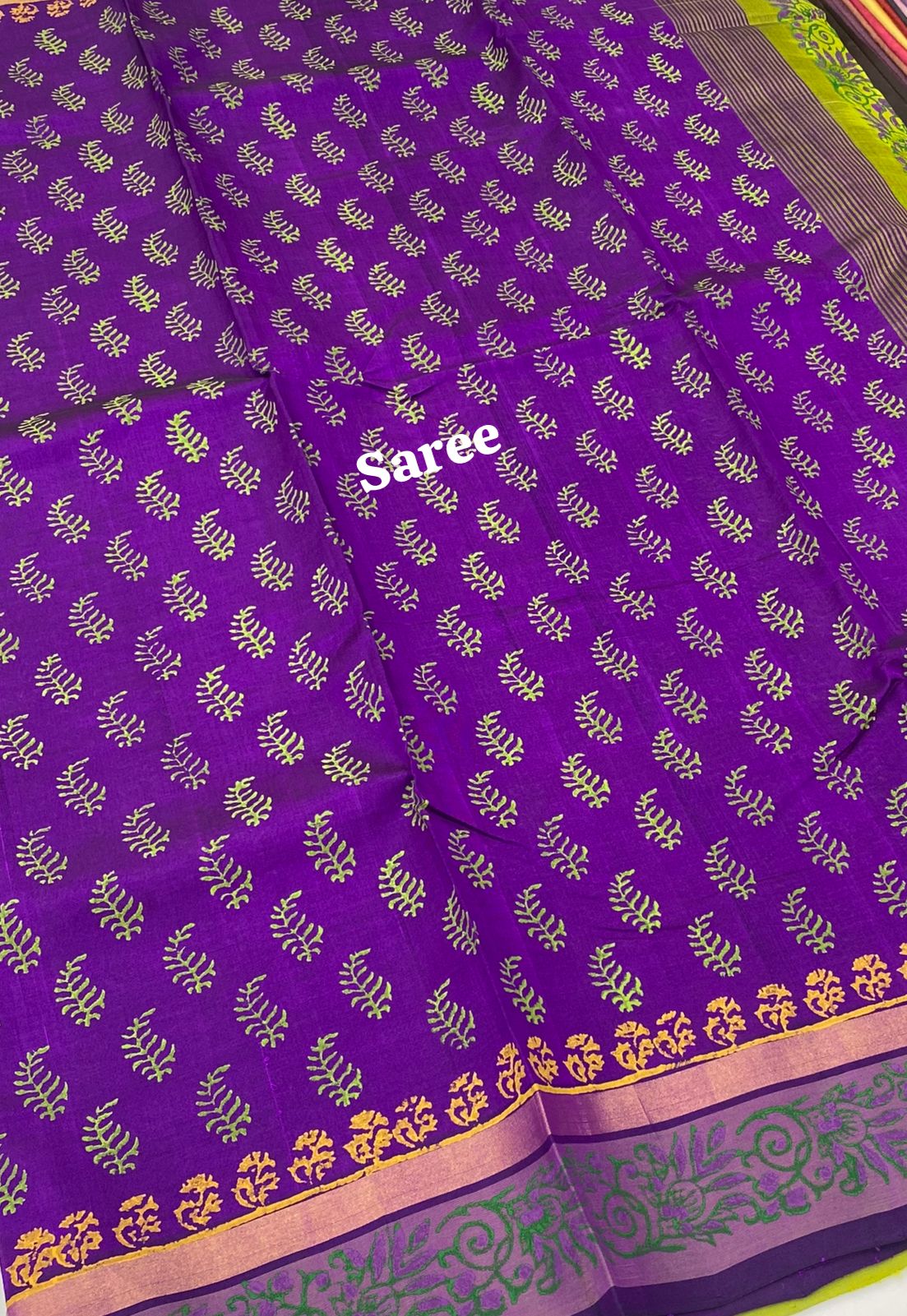 Pure Printed Silk Cotton Sarees - Purple with Green - VVPSC001