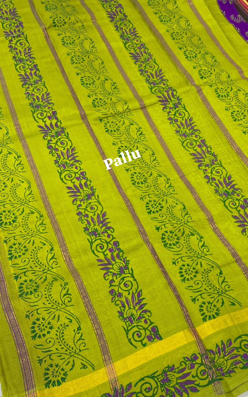 Pure Printed Silk Cotton Sarees - Purple with Green - VVPSC001