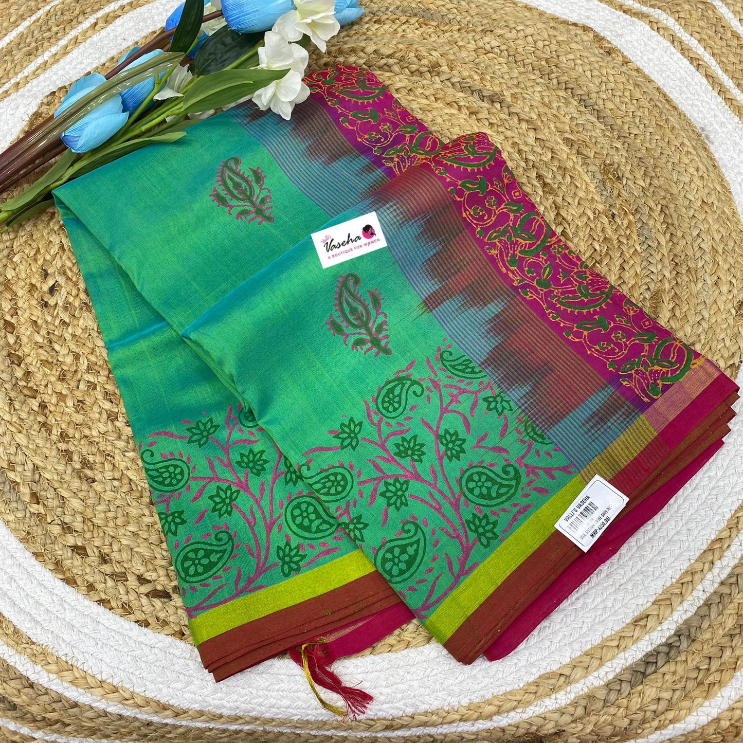 Pure Printed Silk Cotton Sarees - Sea Green with Pink - VVPSC001