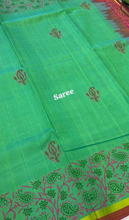 Pure Printed Silk Cotton Sarees - Sea Green with Pink - VVPSC001