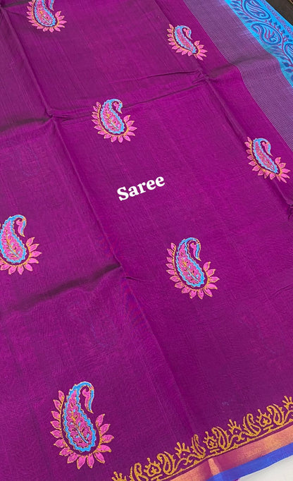 Pure Printed Silk Cotton Sarees - Purple with Blue - VVPSC001