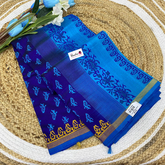 Pure Printed Silk Cotton Sarees - Blue with Light Blue - VVPSC001