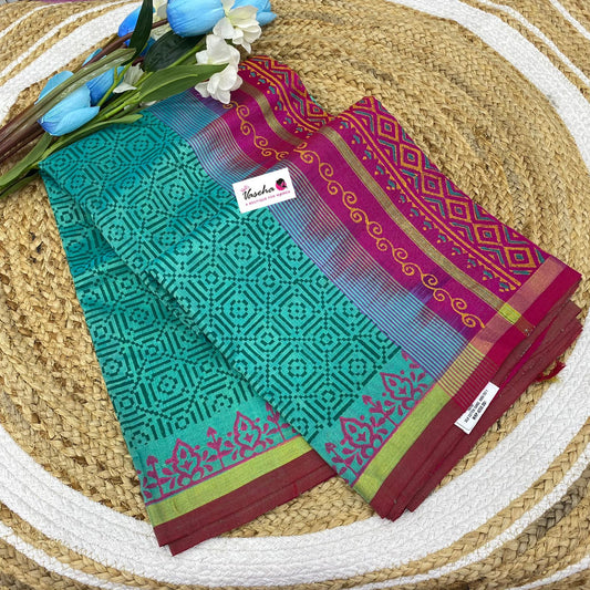 Pure Printed Silk Cotton Sarees - Bluish Green with Pink - VVPSC001