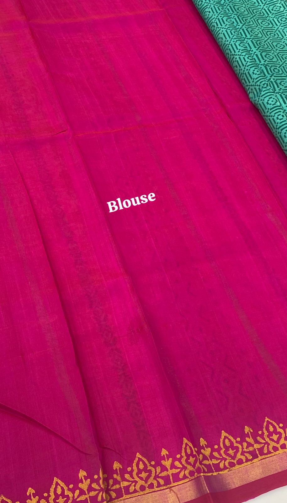 Pure Printed Silk Cotton Sarees - Bluish Green with Pink - VVPSC001