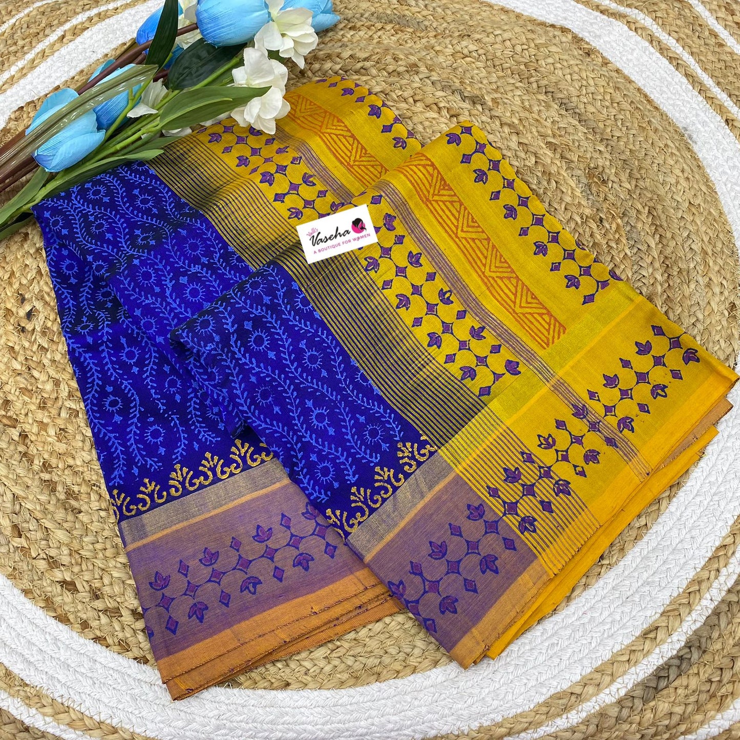 Pure Printed Silk Cotton Sarees - Blue with Yellow  - VVPSC001