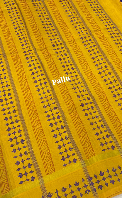 Pure Printed Silk Cotton Sarees - Blue with Yellow  - VVPSC001