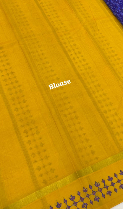 Pure Printed Silk Cotton Sarees - Blue with Yellow  - VVPSC001