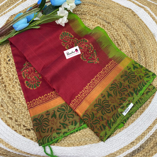 Pure Printed Silk Cotton Sarees - Red with Green - VVPSC001