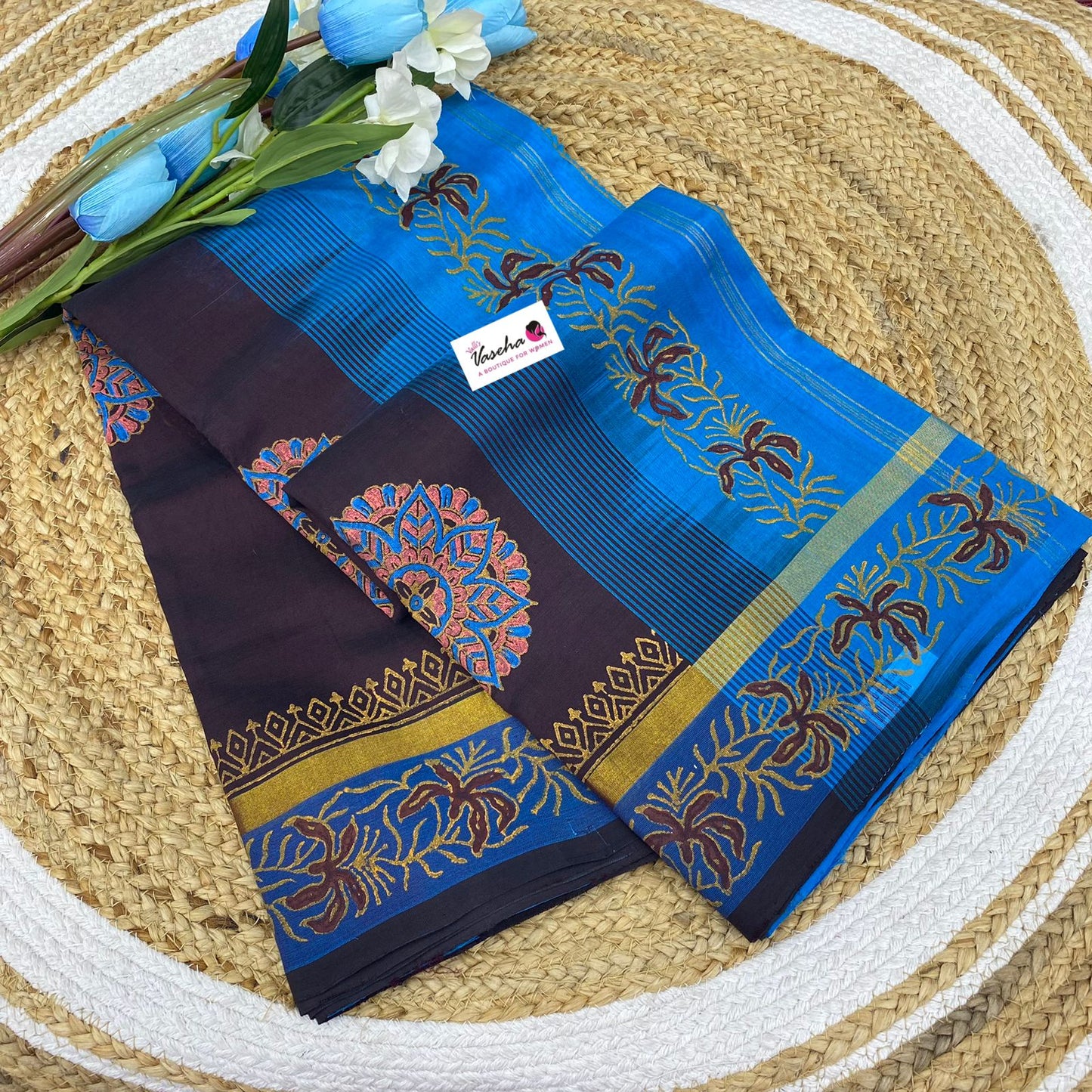 Pure Printed Silk Cotton Sarees - Brown with Blue - VVPSC001