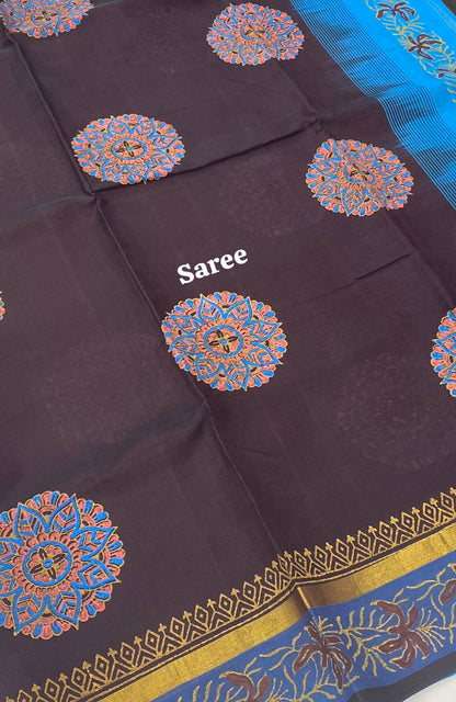 Pure Printed Silk Cotton Sarees - Brown with Blue - VVPSC001