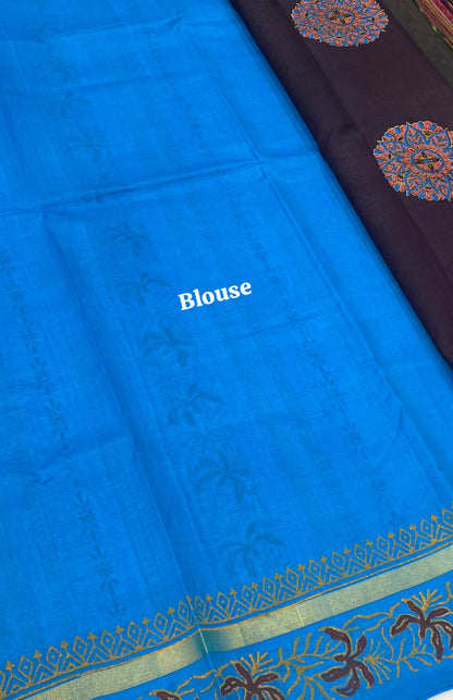 Pure Printed Silk Cotton Sarees - Brown with Blue - VVPSC001