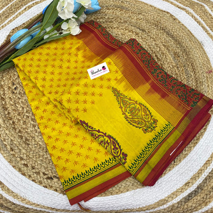 Pure Printed Silk Cotton Sarees - Yellow with Red  - VVPSC001