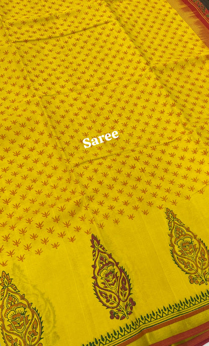 Pure Printed Silk Cotton Sarees - Yellow with Red  - VVPSC001