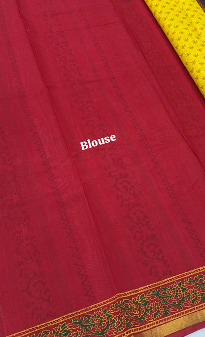 Pure Printed Silk Cotton Sarees - Yellow with Red  - VVPSC001