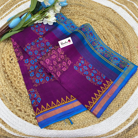 Pure Printed Silk Cotton Sarees - Purple with Blue - VVPSC001