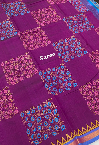 Pure Printed Silk Cotton Sarees - Purple with Blue - VVPSC001