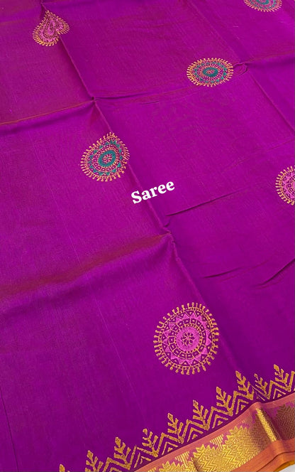 Pure Printed Silk Cotton Sarees - Purplish pink with Mustard Yellow - VVPSC002