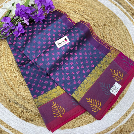 Pure Printed Silk Cotton Sarees - Grey with Pink - VVPSC002