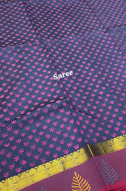 Pure Printed Silk Cotton Sarees - Grey with Pink - VVPSC002