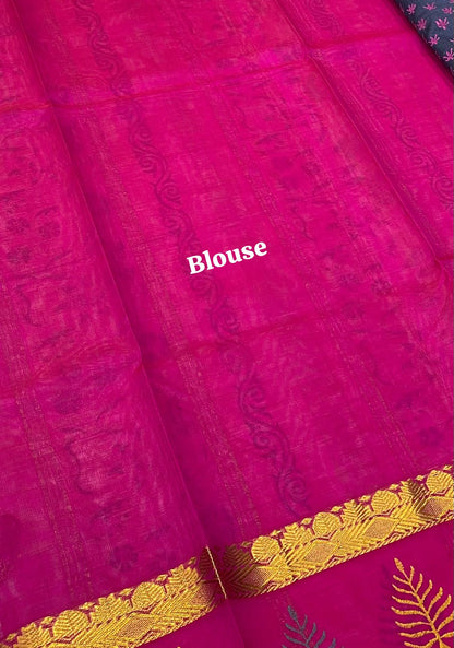 Pure Printed Silk Cotton Sarees - Grey with Pink - VVPSC002