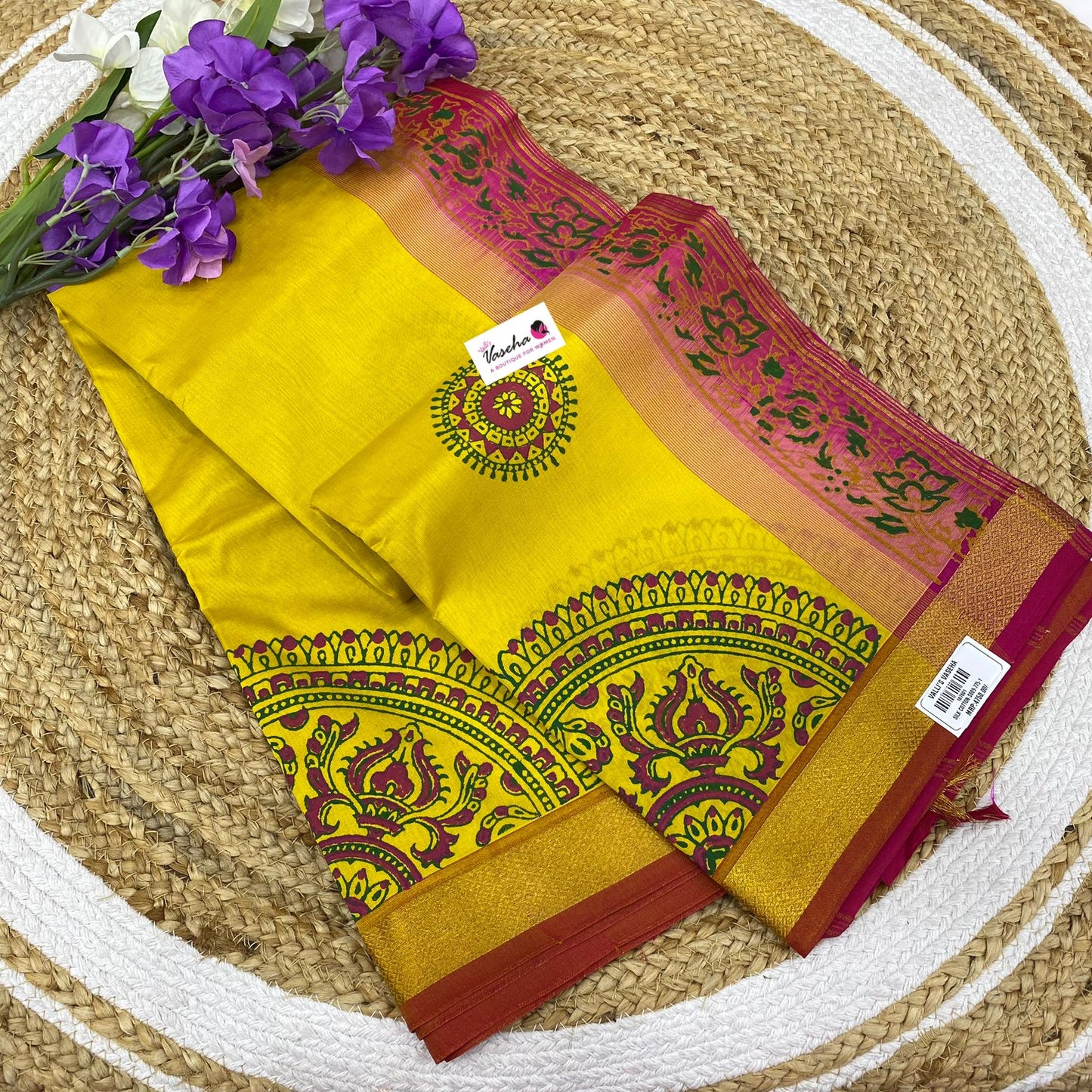 Pure Printed Silk Cotton Sarees - Yellow with Pink - VVPSC002