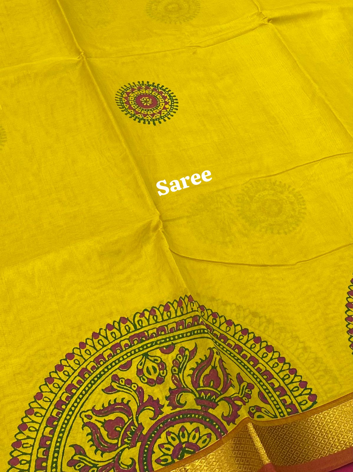 Pure Printed Silk Cotton Sarees - Yellow with Pink - VVPSC002