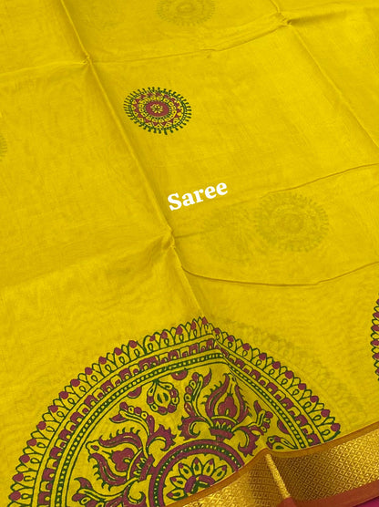 Pure Printed Silk Cotton Sarees - Yellow with Pink - VVPSC002