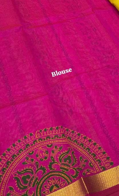 Pure Printed Silk Cotton Sarees - Yellow with Pink - VVPSC002