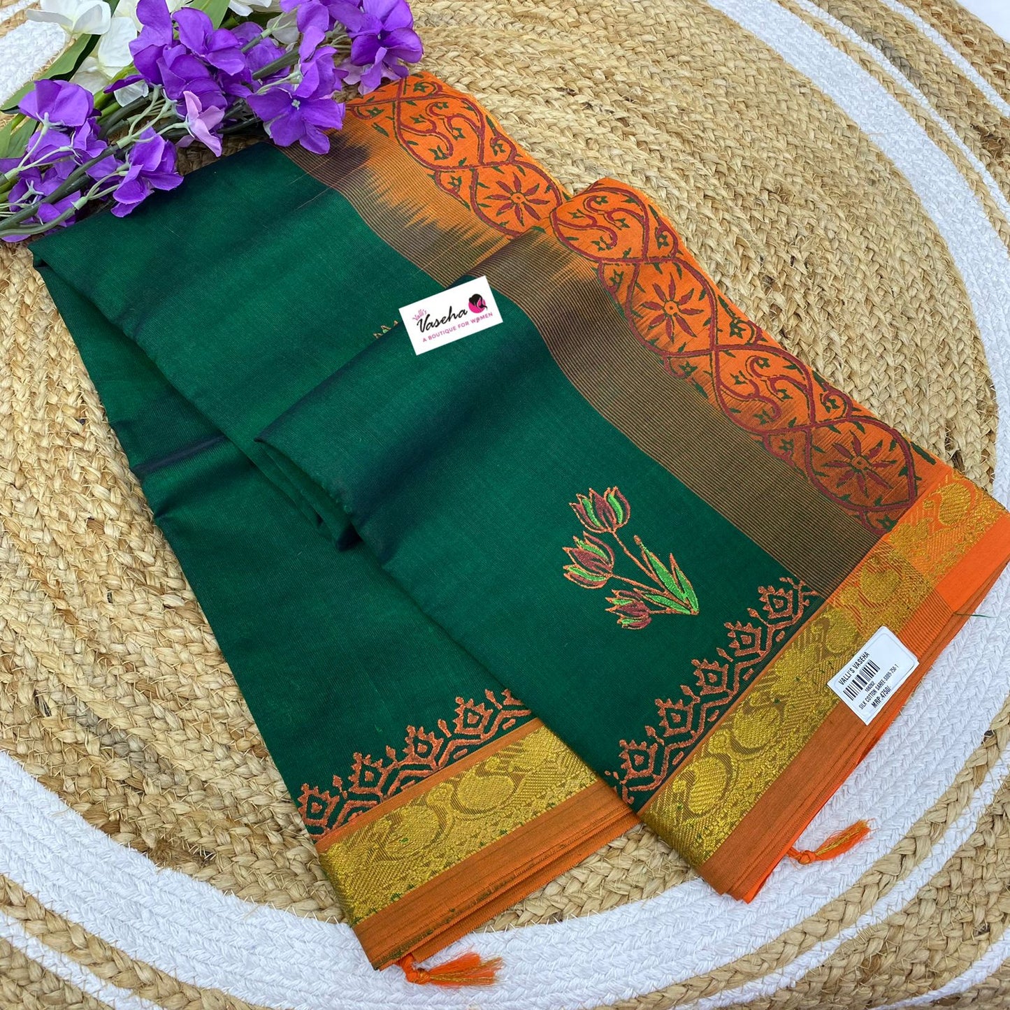 Pure Printed Silk Cotton Sarees - Green with Orange - VVPSC002