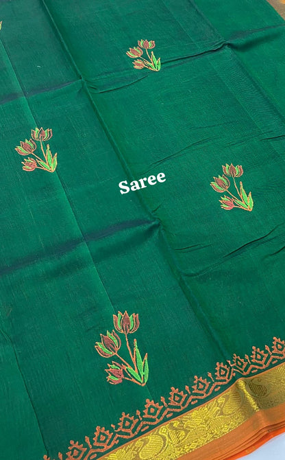 Pure Printed Silk Cotton Sarees - Green with Orange - VVPSC002