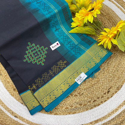 Pure Printed Silk Cotton Sarees - Black with Blue - VVPSC003