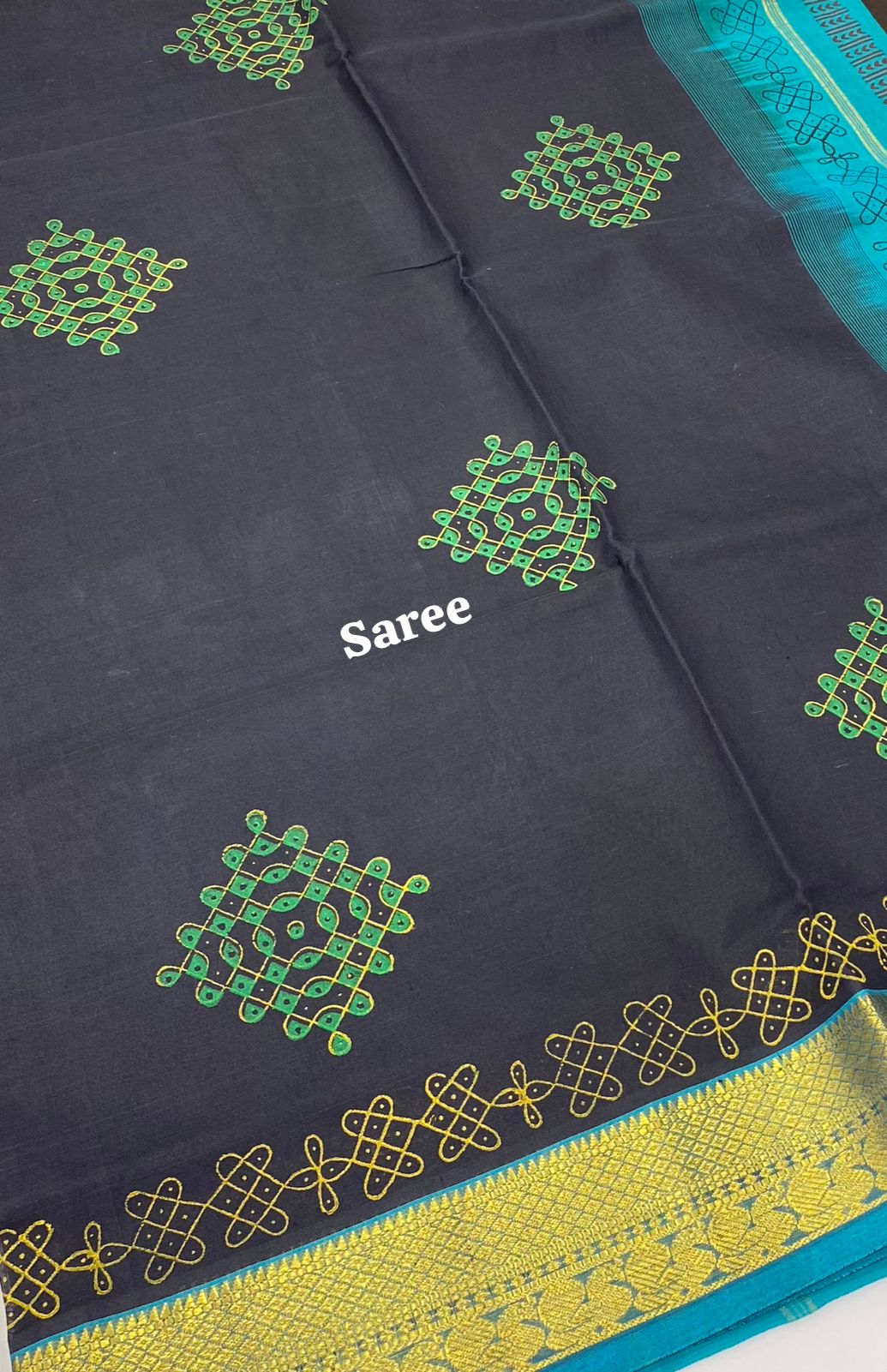 Pure Printed Silk Cotton Sarees - Black with Blue - VVPSC003