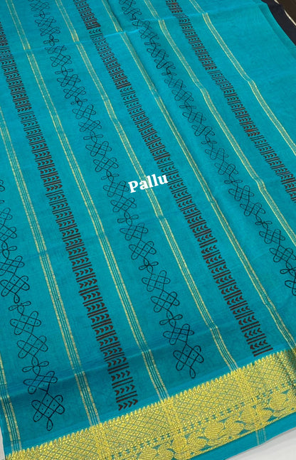 Pure Printed Silk Cotton Sarees - Black with Blue - VVPSC003