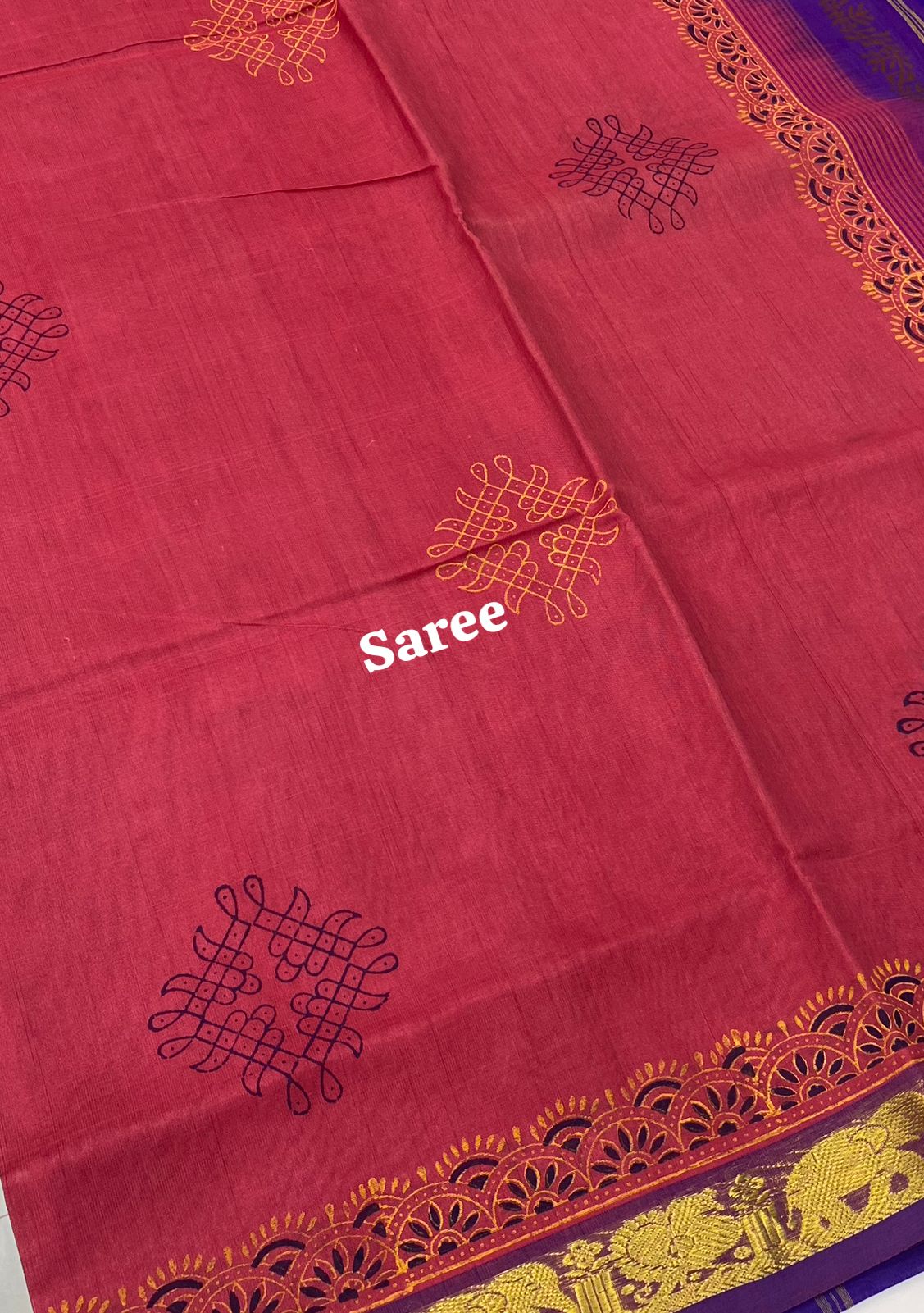 Pure Printed Silk Cotton Sarees - Peachish Pink with Violet - VVPSC002